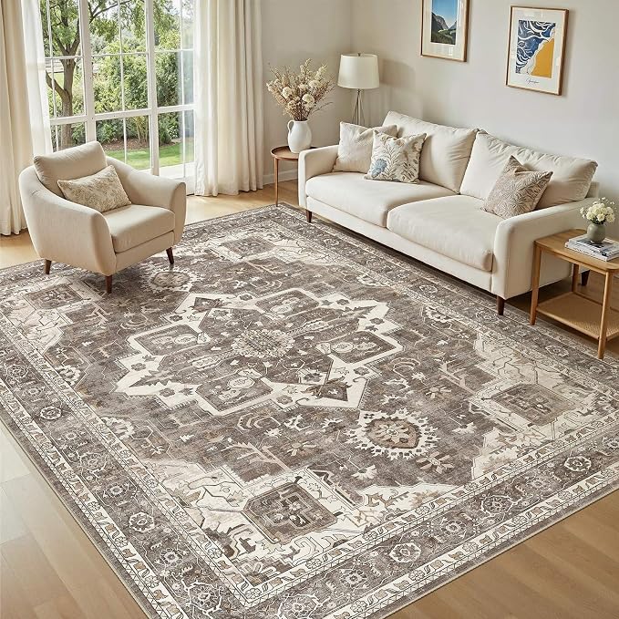Vintage Washable 5x7 Area Rug for Living Room, Brown | Soft Low Pile Rug with Non-Slip Backing, Stain Resistant for Bedroom or Dining Room, Kid & Pet Friendly