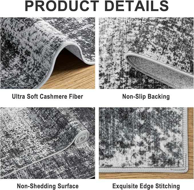 PLHXFR 8x10 Area Rug Living Room: Abstract Washable Carpet Dark Black | For Bedroom Dining Room Farmhouse Nursery Home,Machine washable,Non Slip,Large Soft Neutral,Stain Resistant, Indoor Floor