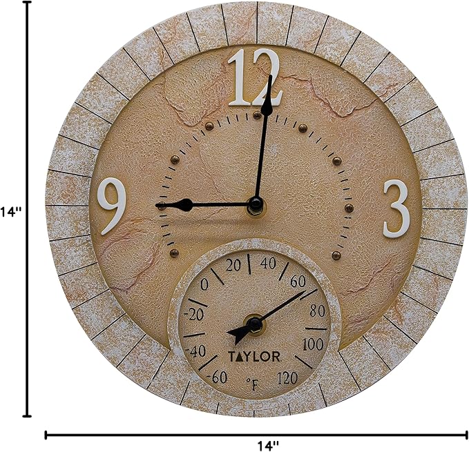 Taylor Terra Cotta Poly Resin Indoor and Outdoor Clock and Thermometer, Home Decor for Garden, Patio, Pool, and Indoor Areas, 14-inch, Multi-Color