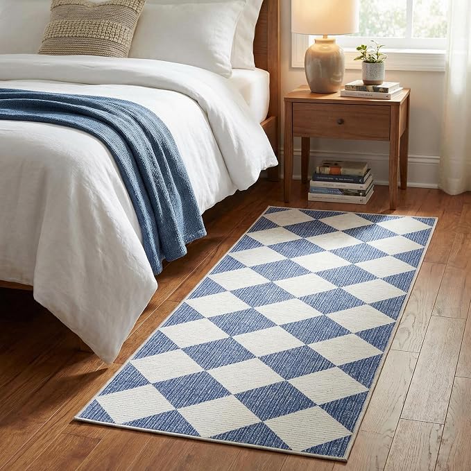 GarveeHome Checkered Hallway Runner Rug 2.5x8 Navy Blue Kitchen Rug | Long Non Slip Soft Diamond Print Entryway Rug Thin Laundry Mat Stain Resistant Carpet for Bedroom Bathroom Beside