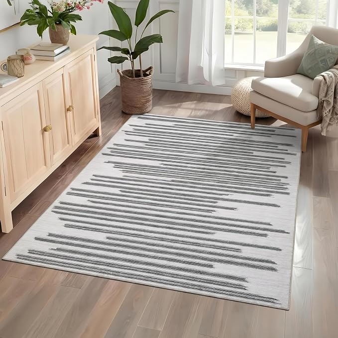 GarveeHome Washable Area Rug 4x6 Modern Non Slip Rug for Living Room Dorm | Stain Resistant Low Pile Carpet Perfect for Bedroom Kitchen Hallway Home Office, Grey