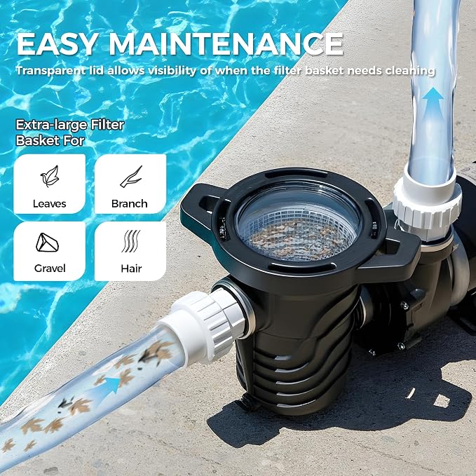 1.5 HP Above Ground Pool Pump 5706GPH 115V High-Efficiency | Single Speed, Low-Noise, UL Certified, Stainless Steel Shaft & Reinforced Thermoplastic, 1.5" Fittings, 2 Year Warranty