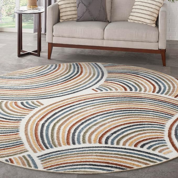 Nourison Home Astra Machine Washable Ivory Multicolor 4' x Round Area Rug - Easy Clean, Non Shedding, Bed Room, Living Room, Dining Room, Kitchen (4' x Round)