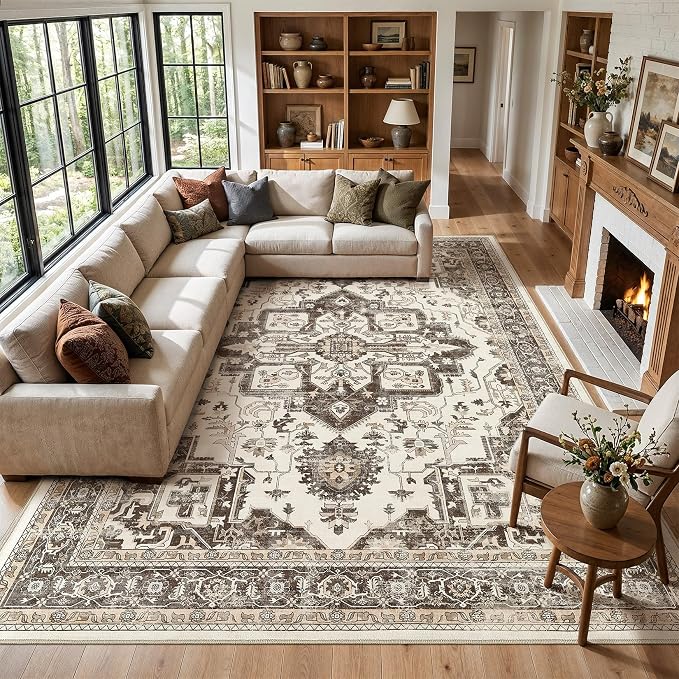 Vintage Washable 9x12 Area Rug for Living Room, Dark Brown | Soft Low Pile Rug with Non-Slip Backing, Stain Resistant for Bedroom or Dining Room, Kid & Pet Friendly