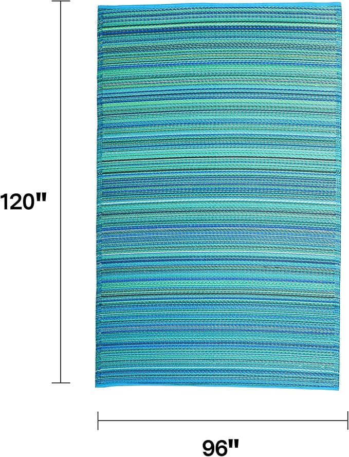 Fab Habitat Striped Outdoor Rug - Waterproof, Fade Resistant, Crease-Free, Reversible - Premium Recycled Plastic - Patio Porch Balcony Deck - Cancun TurquoiseMoss Green - 8x10 ft