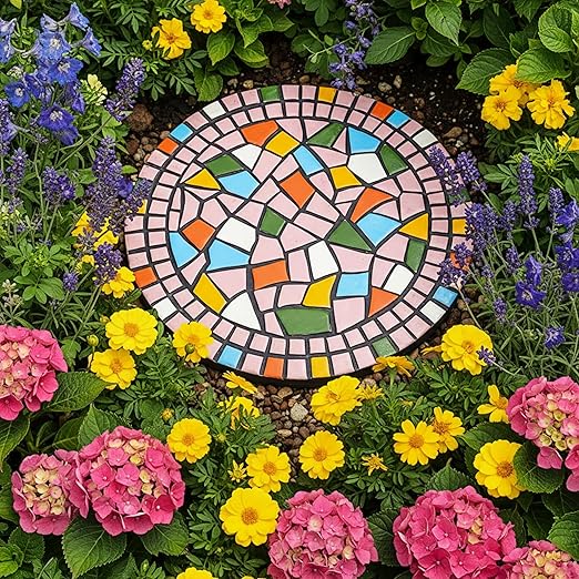 Garden Decoration - Mosaic Stepping Stone - Patio Decoration Stone 12 Inch (1, Pink, Medium)