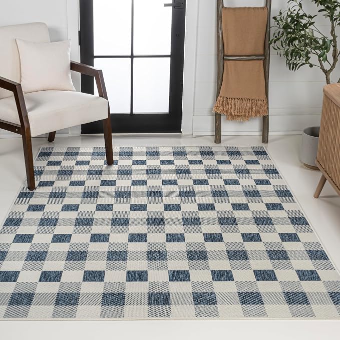JONATHAN Y Geometric Bold Gingham Indoor Outdoor Area Rug 5X8 Navy/Cream, Darcy Traditional for Backyard, Patio, Porch, Easy-Cleaning, High Traffic, Pet-Friendly, Non-Shedding (TSN201C-5)