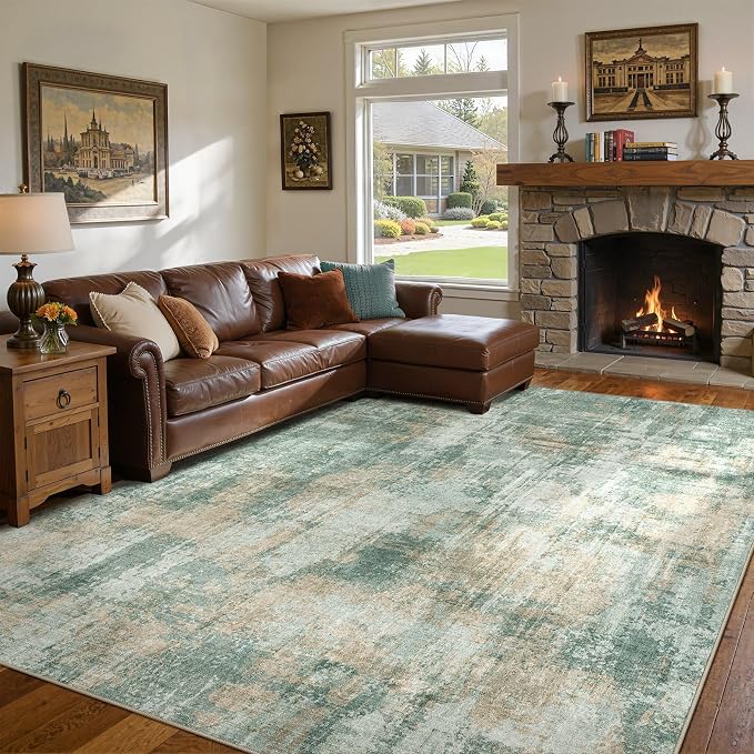 DMOYEST 8x10 Area Rug for Living Room Washable Abstract Indoor Carpet | Neutral Modern Low Pile Rugs Kid & Pet Friendly Large Soft Thin Carpet for Bedroom Dining Room and Office - Green