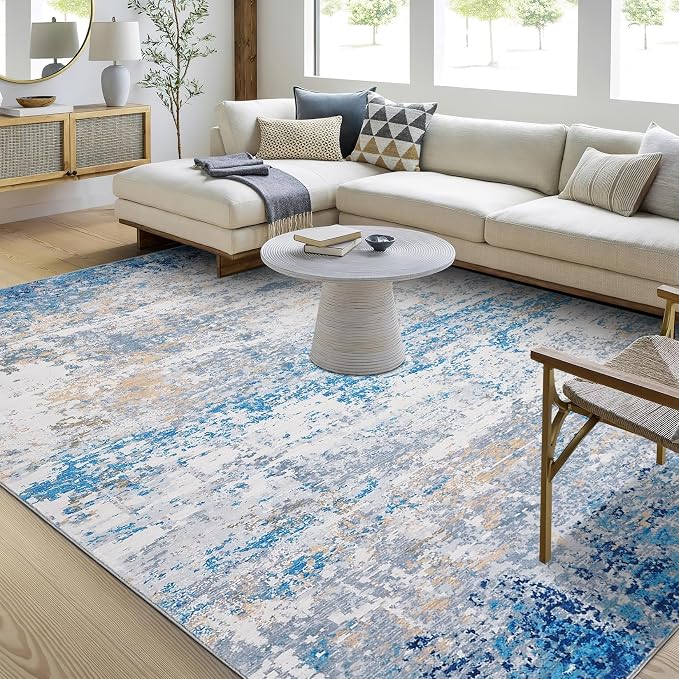 ROYHOME Modern Abstract Area Rug 3x5 Non Slip, Blue/Grey | Non Shedding Rug Low Pile Stain Resistant for Bedroom Living Room