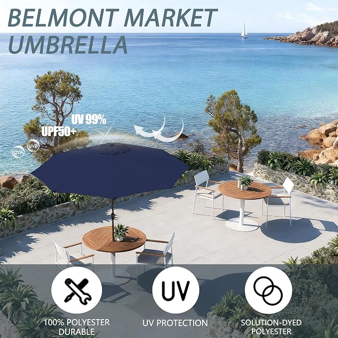 9FT Large Outdoor Patio Umbrella Market Table Umbrella-UV Resistant, Easy Push Button Tilt and Crank, 8 Sturdy Ribs Heavy-Duty Pool Umbrella for Deck,Blue