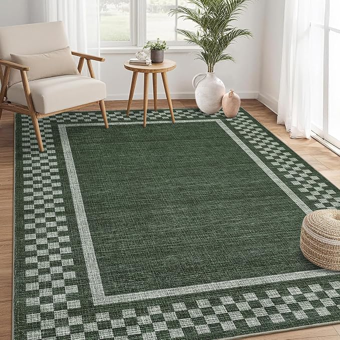 GarveeHome Modern Bordered 8x10 Area Rugs for Living Room Bedroom | Soft Washable Large Bedroom Throw Carpet Non Slip Checkered Geometric Rugs for Dining Room Home Decor Office, Green