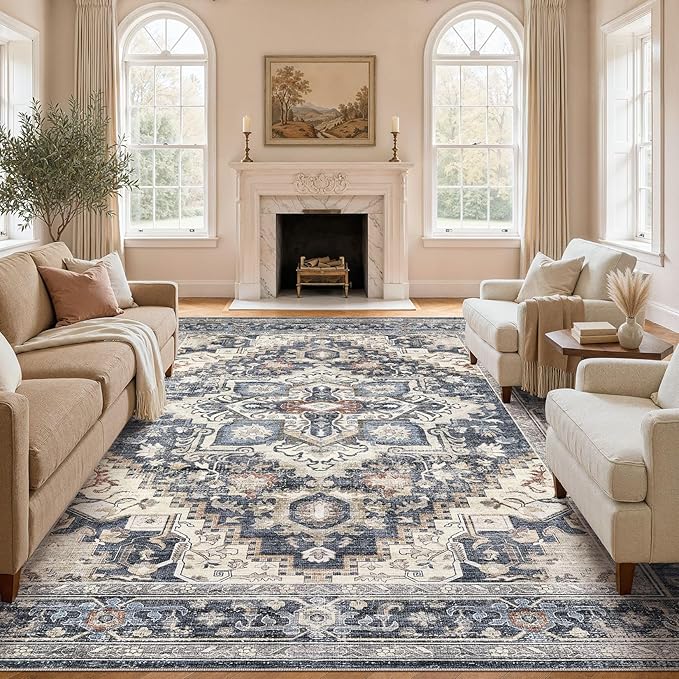 DTICON Vintage Washable 8x10 Area Rug Living Room Rugs, Blue | Boho Distressed, Pet & Kid Friendly, Non-Slip Backing, Soft Polyester, Low-pile Carpet for Living Room, Bedroom, Dining Room