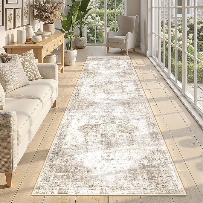 Runner Rug 2x8 Washable Rug, Vintage Boho Medallion Hallway Runner Non-Slip Soft Low Pile Distressed Floor Carpet Retro Doormat for Kitchen Bedroom Laundry Entryway Bathroom (Taupe, 2'x8')