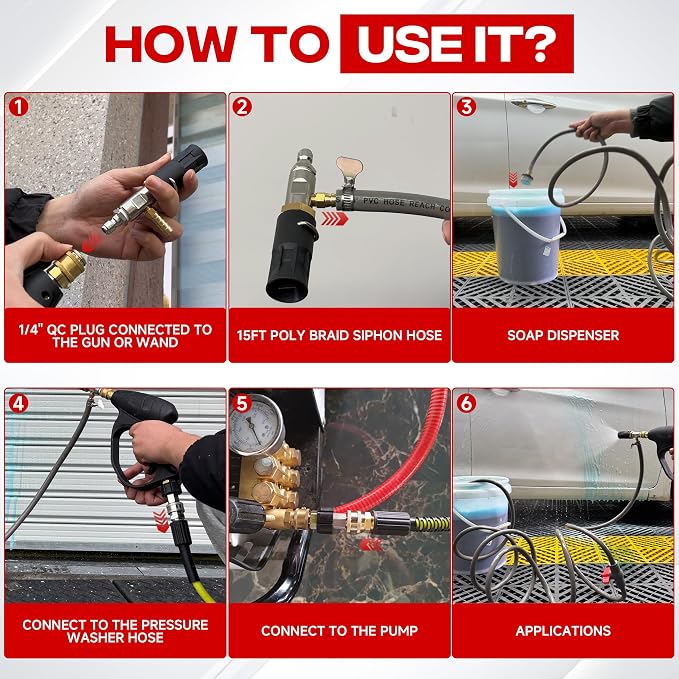 Adjustable Long-Range External Chemical Injection for Pressure Washer, Downstream Injector Nozzle Kit 4-4.5 GPM, 1/4" Quick Connect/15FT Siphon Hose, 2500 to 4000 PSI