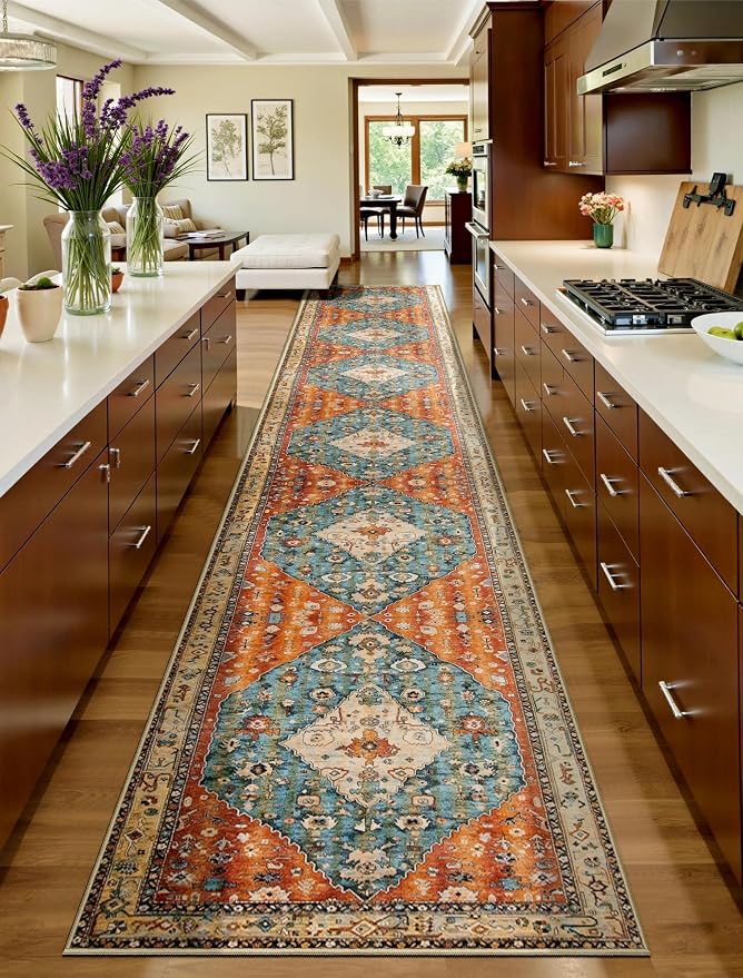 SERISSA 2'6"x16' Washable Non Slip Boho Runner Rug for Hallway | Ultra Soft Vintage Oriental Carpet Low-Pile Tribal Floor Carpet for Kitchen Bedroom Entryway Bathroom Laundry Room