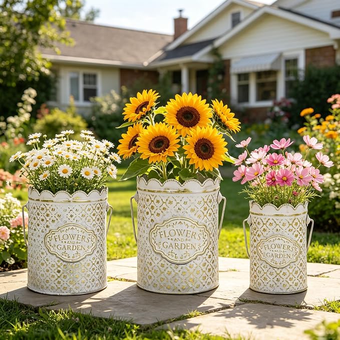 Set of 3 Vintage Distressed Metal Planter Rustic "Flowers and Garden" Embossed Flower Pots with Scalloped Edge & Handle Farmhouse Decorative Floral Buckets for Dried Flowers, Home Garden Decor