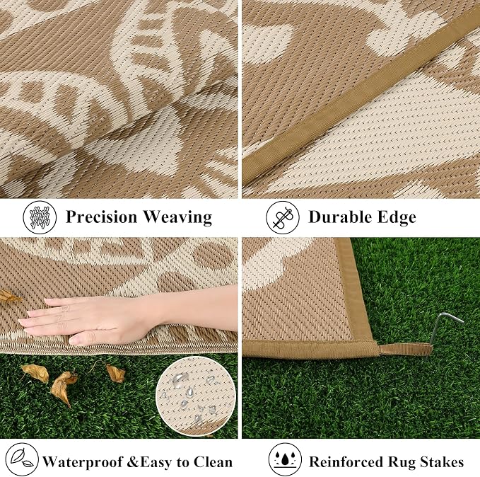 Bsmathom Waterproof Outdoor Rug 6'x9' Reversible Boho Plastic Straw Patio Deck Camping Rugs, Indoor Outdoor Portable RV Mat Clearance Carpet for Outside, Porch, Balcony, Backyard, Beach, Pool,Brown
