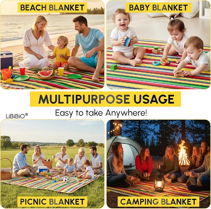 80"x80" XL Mexican Style Beach & Picnic Blanket, Sandproof Waterproof, 3-Layer Mat, Easy Fold