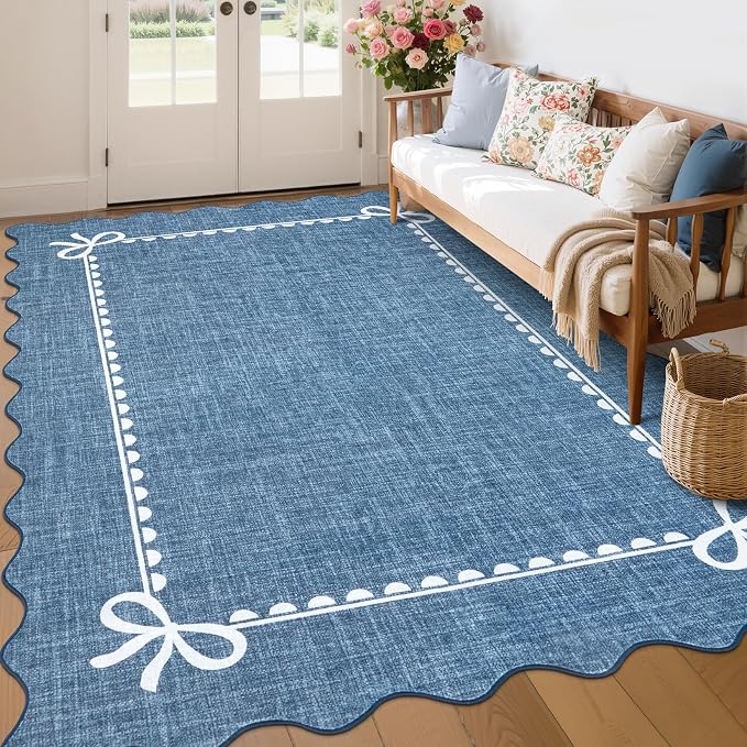 GarveeHome Scalloped Bow Rug 6x9 Washable Rugs for Living Room, Dark Blue | Non Slip Soft Low Pile Indoor Large Carpet for Nursery Girls Bedroom Decor Hallway Kids Room College Dorm Playroom