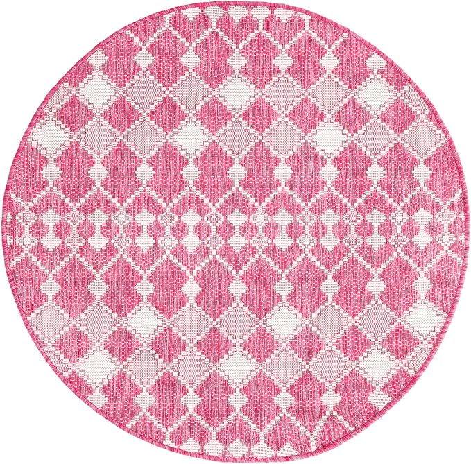 Unique Loom Outdoor Trellis Collection Area Rug - Traliccio (4' 1" Round, Magenta/ Ivory)