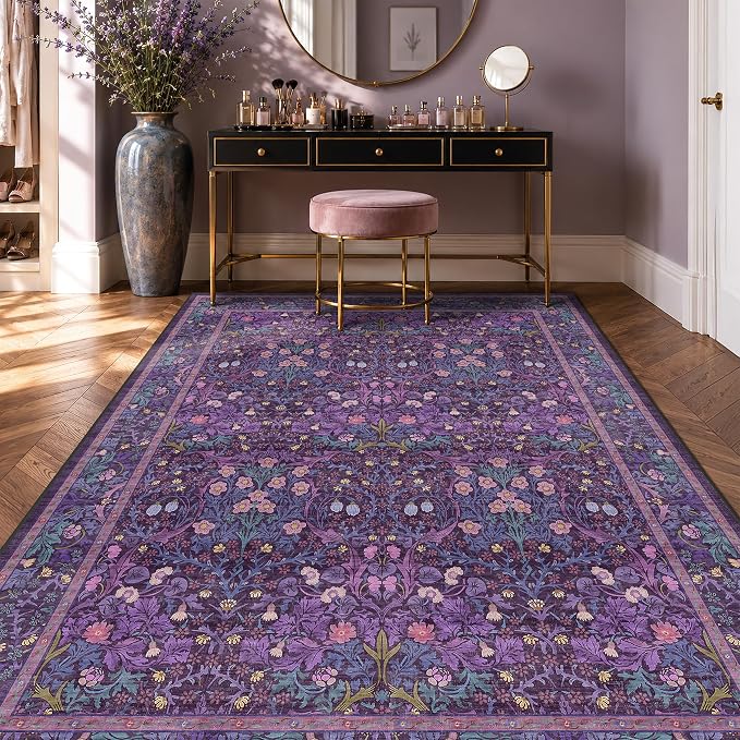 Washable Violet 5x7 Area Rug for Living Room, Vintage Dark Purple Dining Room Rugs for Under Table, Boho Foldable Low Pile Soft Carpet, Stain Resistant & Traditional Plum Floral Design