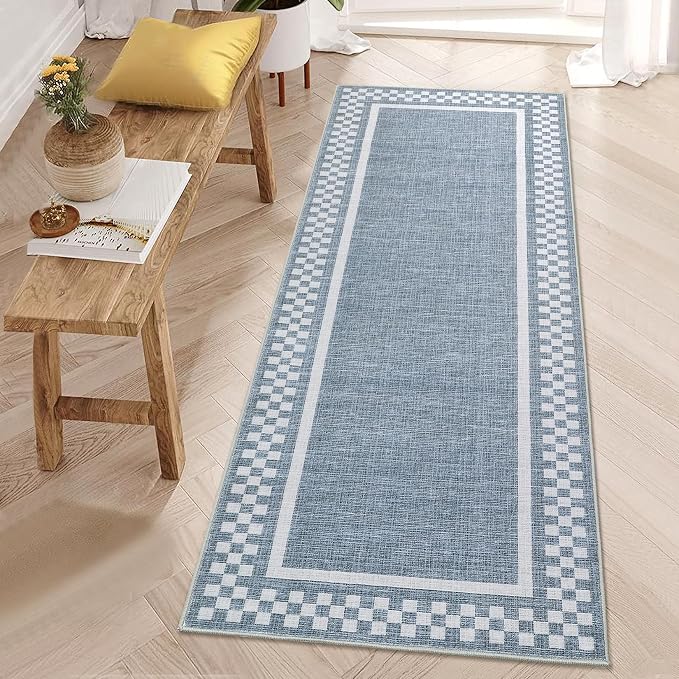 GarveeHome Rug Runners for Hallways 2x8 Washable Kitchen Runner Rug | Non Slip Low Pile hrow Carpet Modern Bordered Bathroom Checkered Area Rug for Living Room Bedroom Entryway Nursery, Blue