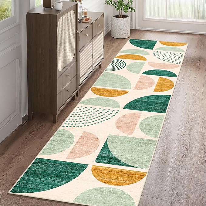 Green Runner Rug Washable 2x8 Area Rugs Non Slip Modern Abstract | Long Throw Carpet for Hallways Kitchen Bedroom Entryway Bathroom Laundry Boho Soft Low Pile Floor Indoor Bohemian Sage Green