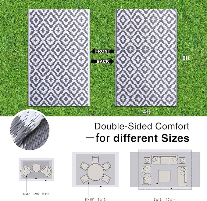 OLANLY Waterproof Outdoor Rug 4x6 ft, Outdoor Plastic Straw Rug for Camping, RV Mat Outside, Outdoor Carpet for Porch, Deck, Backyard, Balcony, Picnic, Grey & White