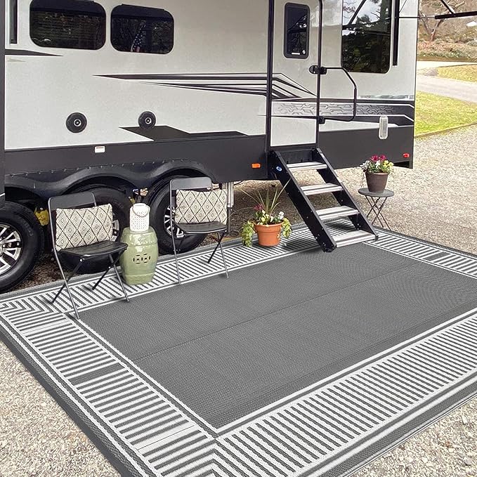 9x12 Outdoor Rug Waterproof Foldable Plastic Straw Carpet for Patio Porch Modern Striped Reversible Mat Border Lightweight Floor Mat for Picnic, Rv, Beach, Deck, Camper, Balcony，Grey/White