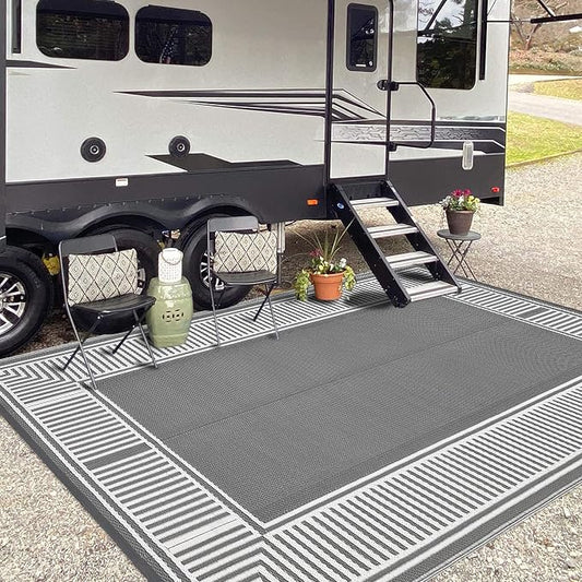 Waterproof Plastic Straw Outdoor Rug 9x18 Patio Reversible UV Resistant Foldable Camping Carpet Modern Striped Large Outdoor Rugs for Deck, Picnic, Porch, Camper, Balcony, Beach，Grey/White