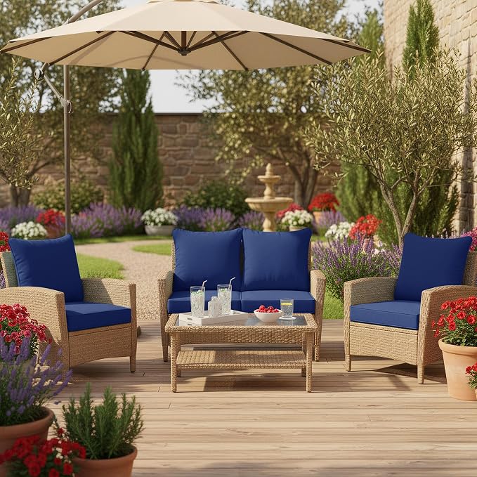 Summsun Patio Chair Cushion Set with Removable Cover, Waterproof Backrest and Seat Cushion Set Replacement for Outdoor Furniture, 19 x 19 Inch, Navy, Set of 4