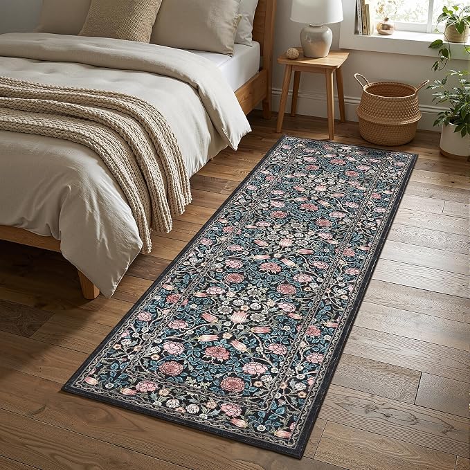 GarveeHome Blue Floral 2x6 Kitchen Runner Rug for Hallways | Washable Entryway Bedroom Bathroom Dorm Rug Vintage Boho Rugs Low-Pile Non-Slip Stain Resistant TPE Backing