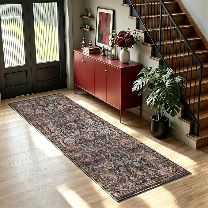 Washable Area Rugs - Perfect for Living Room, Bedroom, Kids Room, Nursery - Stain & Water Resistant Non-Slip, Pet & Child Friendly, Vintage Tribal Area Rugs (Rust, 2'6'' x 8')