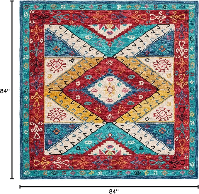 SAFAVIEH Aspen Collection Area Rug - 7' Square, Blue & Rust, Handmade Boho Tribal Wool, Ideal for High Traffic Areas in Living Room, Bedroom (APN525M)