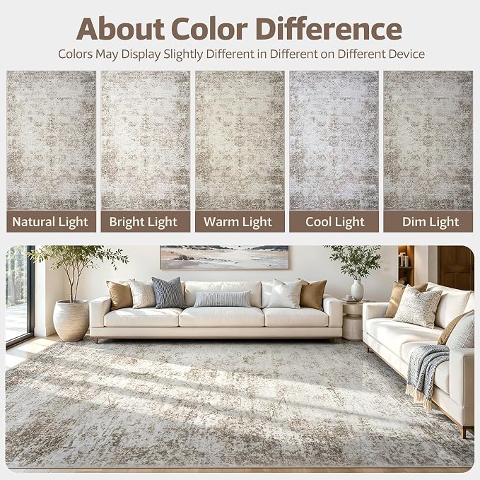 9x12 Washable Area Rug Modern Abstract for Living Room Bedroom Beige | Soft Indoor Carpet,Anti-skid Backing,Water Repellent,Non-shedding, Suitable for bedroom dining farmhouse nursery home office
