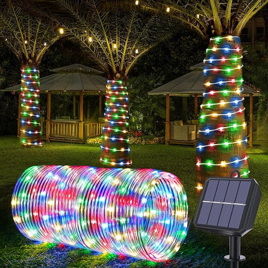Jnaurb Solar Rope Lights, 66ft 200LED Solar String Lights, 8 Modes Waterproof Solar Outdoor Light, Flexible Clear Trampoline Light for Garden Backyard Patio Deck Porch Pool Tree Decor - Multicolor