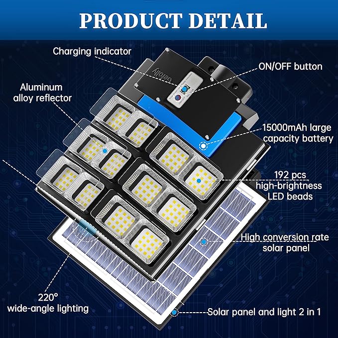 Gefolly SL-2000W Solar Street Lights Outdoor, 200000LM Commercial Parking Lot Light, 6500K Dusk to Dawn IP67 Security Flood Lights Motion Sensor Led Lamp for Basketball Court, Road, Yard