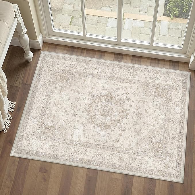 Beige 2x3 Washable Area Rug Vintage Oriental Medallion Doormat | Soft Low Pile, Non Slip, Stain Resistant, Neutral Retro Decor for Enyrtway, Kitchen, Living Room, Bedroom, Kids Room