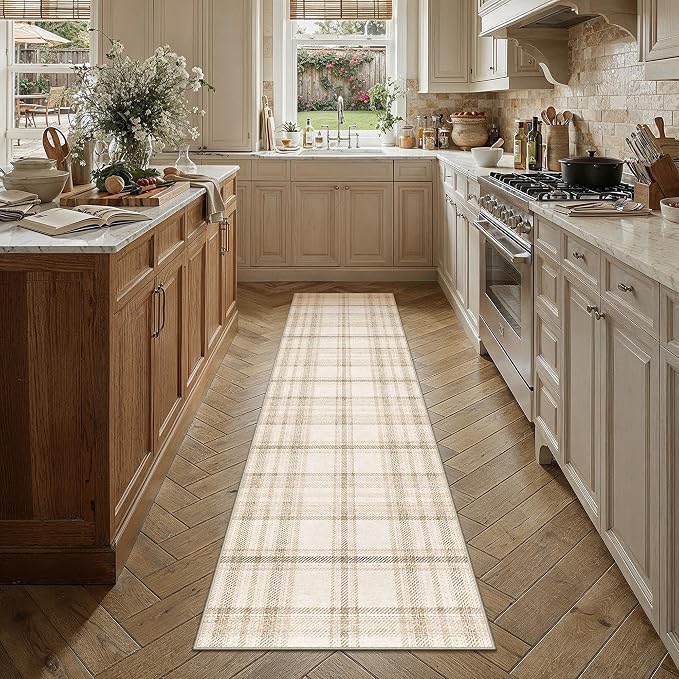 2'6x12 Beige Plaid Kitchen Runner Rug | Washable, Low Pile, Modern, Neutral, Soft, Non Slip, Rug for Hallway Bathroom Bedroom Nursery Indoor Home Decor
