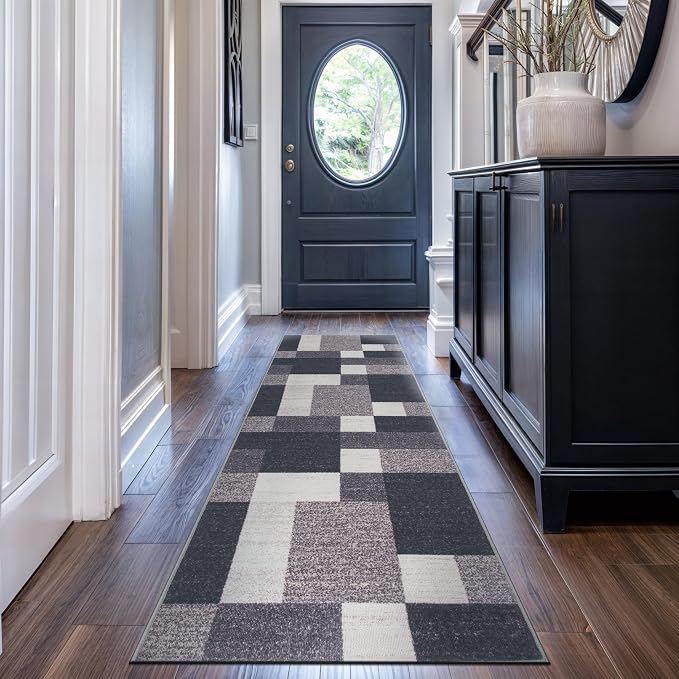 Rugshop Modern Boxes Non-Slip Living Room Kitchen Runner Rug Gray 2'7" x 8' | Runner, Size 2'7" x 8', Bedroom, Dining Room, Home Office, Entryway, Hallway, Nursery, Kids Room, Guest Room