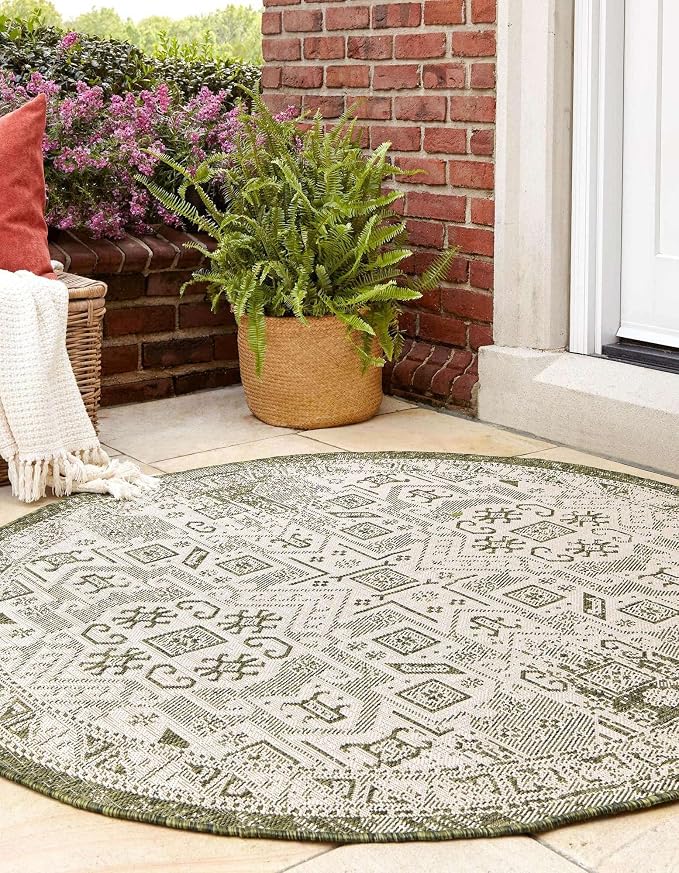 Unique Loom Outdoor Aztec Collection Area Rug - Coba (7' 10" Round, Green/ Ivory)