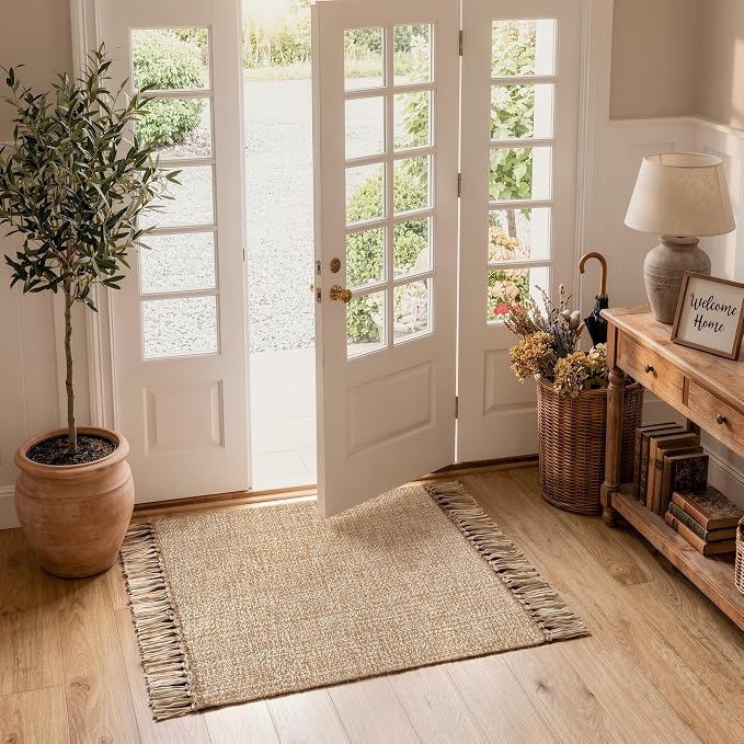 Entryway Door Mat, 27" x 43" Machine Washable Kitchen Rugs, Indoor/Outdoor Low-Profile Doormat Soft Hand-Woven Cotton Bathroom Rug Throw Rugs for Front Back Door Bedroom | Tan/Cream Braided Indoor Outdoor Mats, Soft Washable Bathroom Rug, Small Throw R...