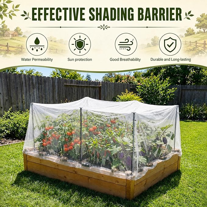 DECOHS Metal Garden Shading Cloth Kit, 6 Pack 2.6ft Raised Garden Bed Sunshade Support Stakes with 13x10ft Non-Woven Fabric, 12 pcs Clips for Protect Plants Vegetable from Direct Sunlight Heat Sunburn
