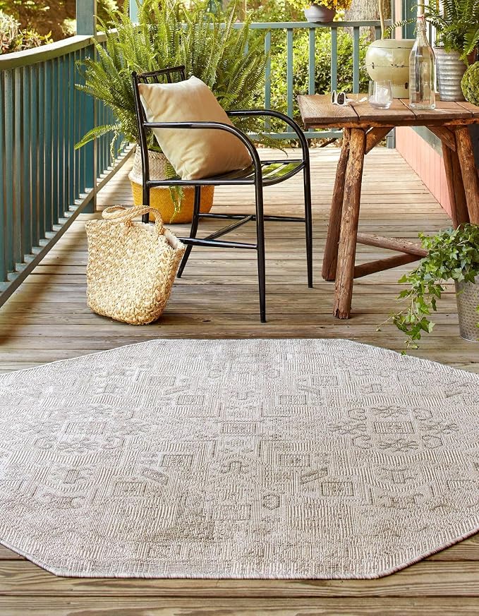 Unique Loom Outdoor Aztec Collection Area Rug - Coba (5' 3" Octagon, Light Gray/ Ivory)