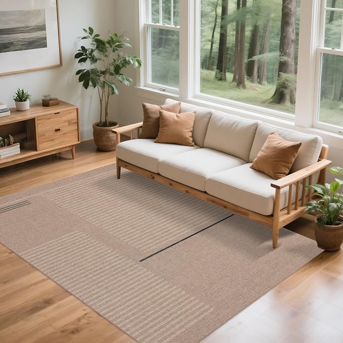 Easy Jute Rug 5x7 Outdoor: Natural Area Rugs for Patio Linen-Look Fabric Durable - Washable Carpet for Living Room Bedroom - Beige Woven