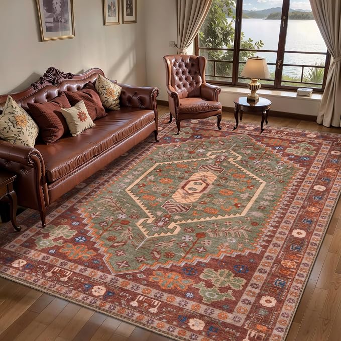 Ciicool Washable 4x6 Area Rug,Boho Non-Slip Indoor Mat for Entryway Kitchen | Oriental Low-Pile Soft Vintage Boho Indoor Entry Carpet for Bedroom Bedside Living Room Laundry Bathroom Dining Room