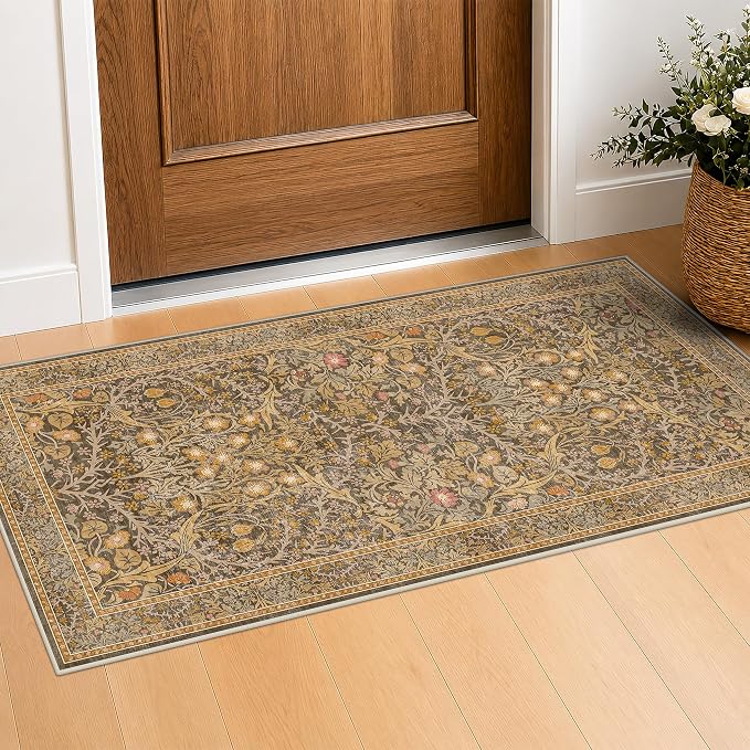 Brown Washable 2x4 Entry Rug - Front Door Rugs Indoor, Vintage Floral Style Small Rug for Kitchen, Bathroom, Non-Slip Boho Gold Entryway Décor