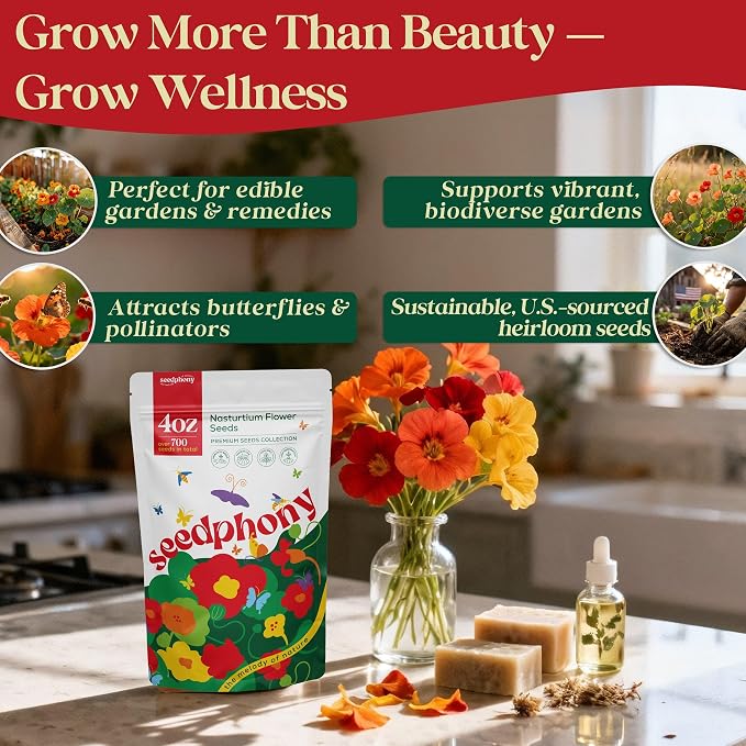 Seedphony Nasturtium Seeds Pack 4 oz - 700 Non-GMO Heirloom Nasturtium Seeds for Planting, Perennial Flowers in Waterproof Seed Packet, Wildflower Seeds for Planting Garden Indoor & Outdoor Gardening