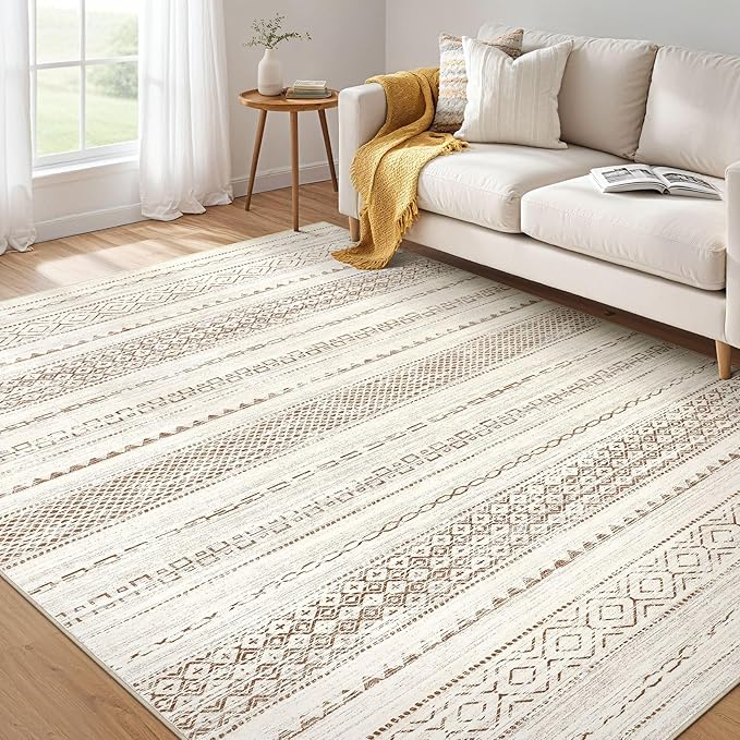 Nakagishi Boho 5x7 Area Rug Living Room Rugs Machine Washable Brown | Soft, Pet & Kid Friendly, Carpet for Living Room/Bedroom/Office/Kitchen/Nursery, Daily Home Decor Stain Resistant Moroccan