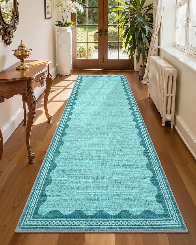 GarveeHome Scalloped Teal 2.5x8 Runner Rug for Hallway Washable Kitchen Rugs Non Slip Solid Modern Soft Low-Pile Indoor Carpet for Entryway Laundry Room Floor Mats TPE Backing